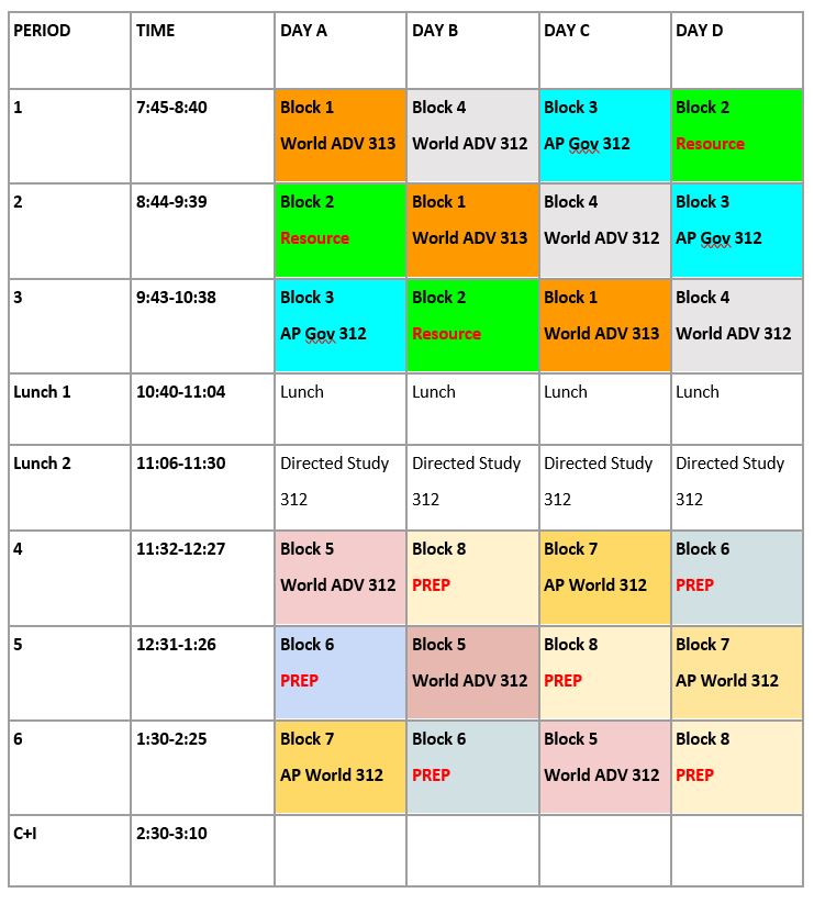 Mr. Kirby Schedule 2017-18 | History: Mr R Kirby